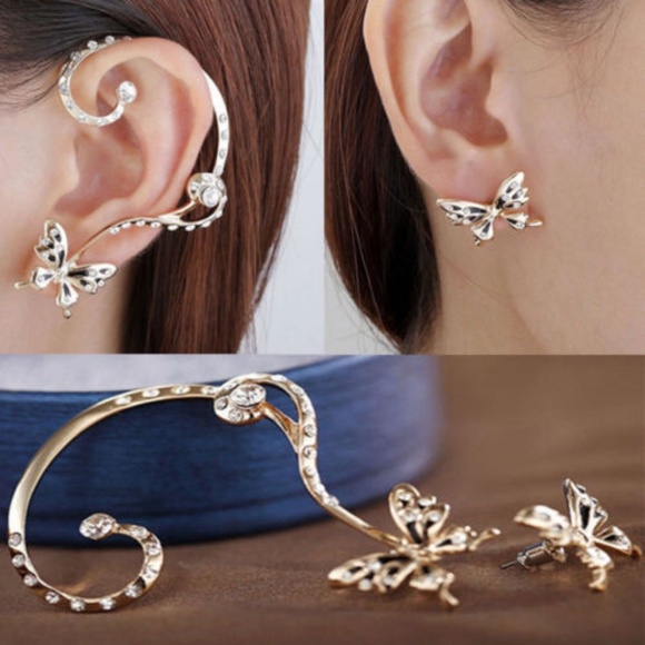Pair Gold Crystal Butterfly Swirl Ear Cuff Earring - Picture 2 of 4